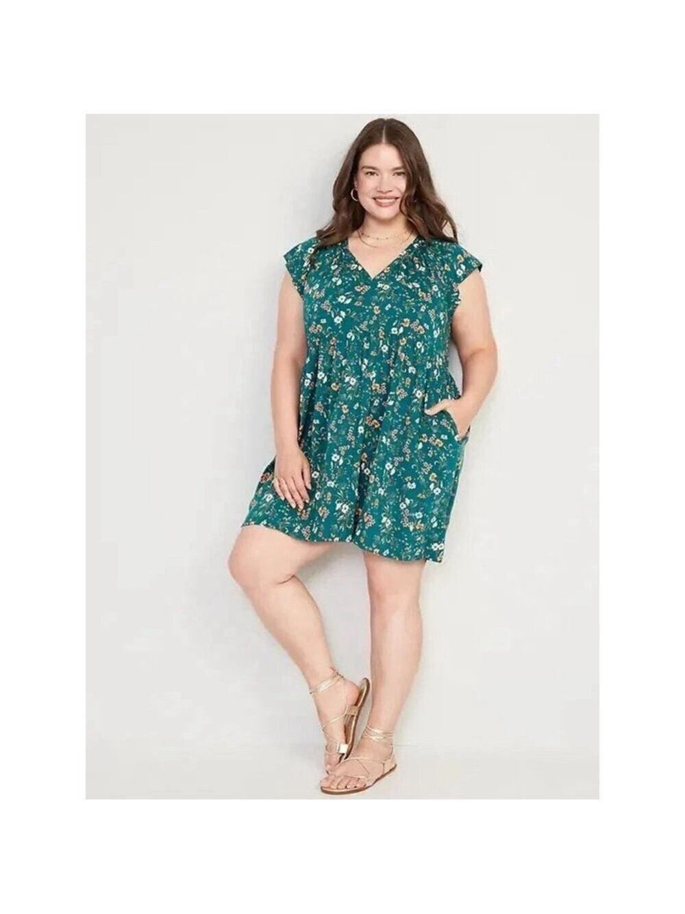 Flutter Sleeve Green Floral Mini Swing Dress V-Neck Pockets Old Navy Size XXL